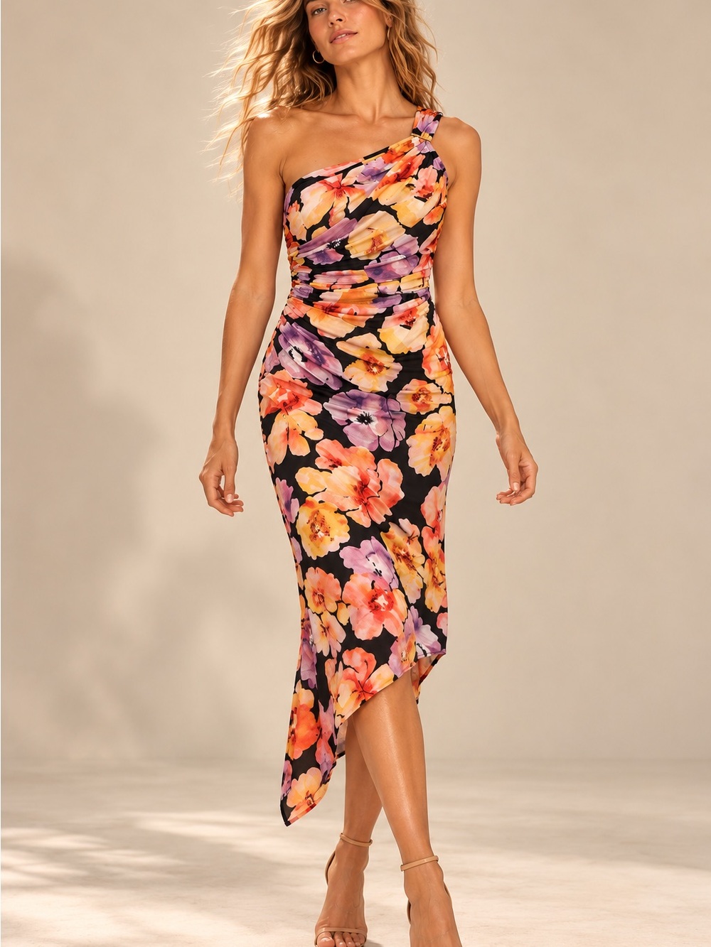 Geisha Designs One Shoulder Floral Ruched Asymmetrical Midi Dress S